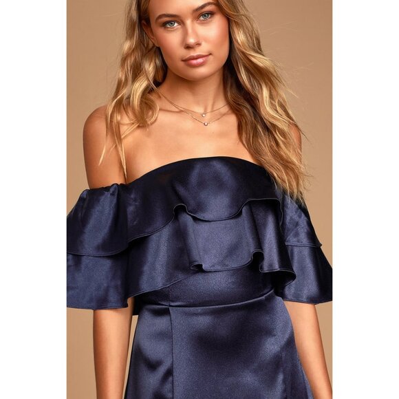 Lulus Pure Happiness Navy Blue Dress Size Small Satin Off-the-Shoulder Long New - Picture 3 of 12